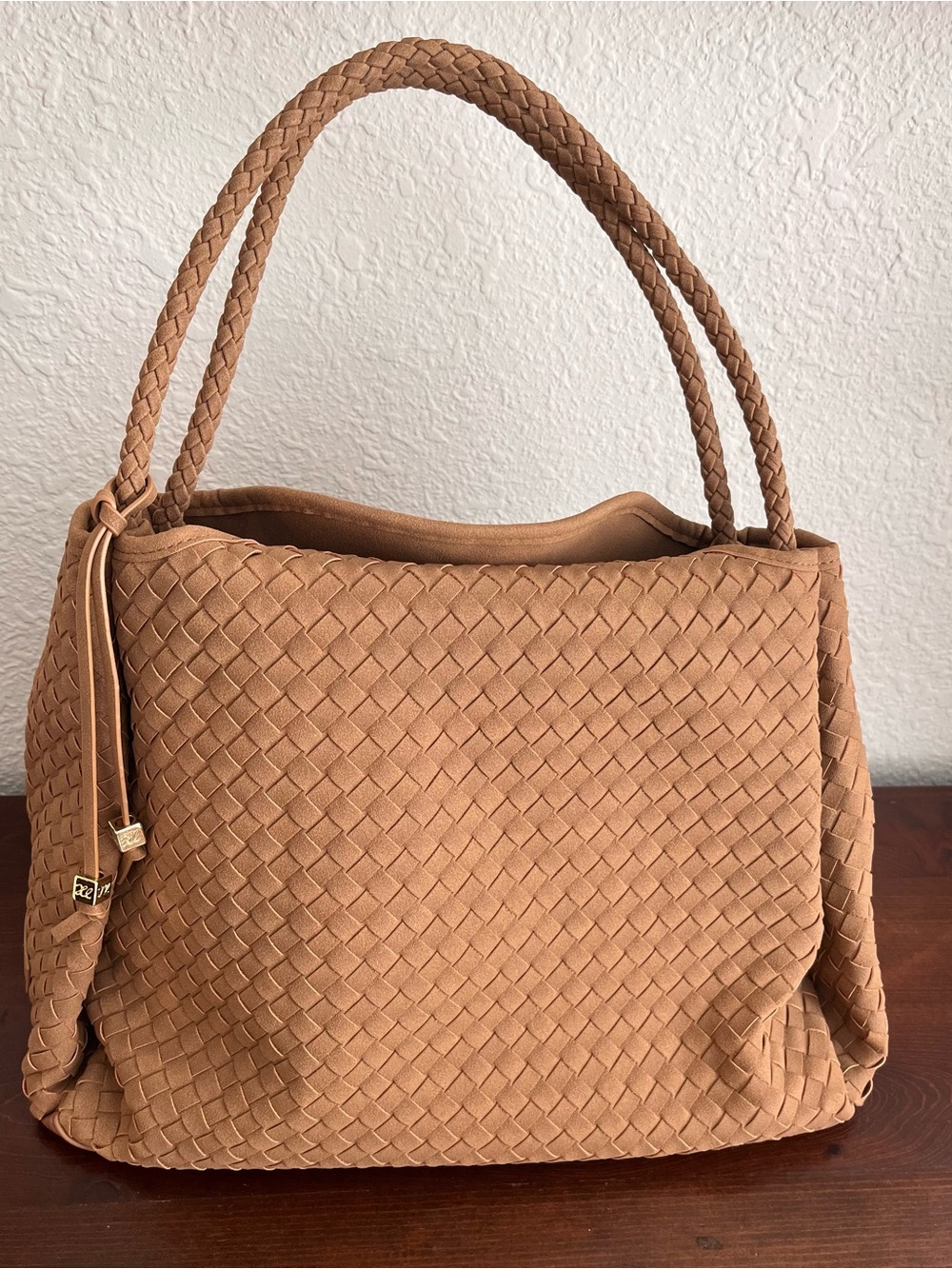 Braided Suede Shoulder Bag in Tan